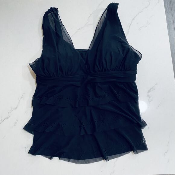 Mazu Swim Tankini Top Womens 14 Ruffle Mesh Floral Overlay Adjustable Straps - Picture 1 of 10